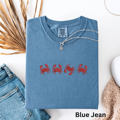 Embroidered Red Crab Pigment Dyed T-Shirt: Coastal Preppy Summer Tee