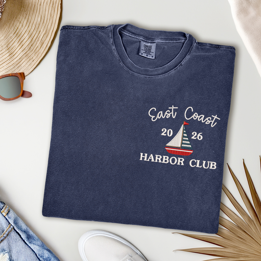 Embroidered East Coast Harbor Club Pigment Dyed T-Shirt: Coastal Preppy Summer Tee