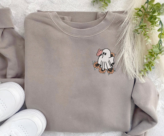 Embroidered Ghost Sweatshirt: Spooky Retro Butterfly Pullover