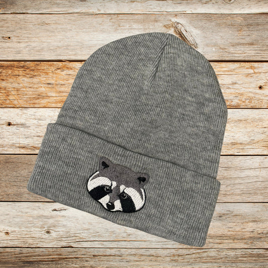 Embroidered Raccoon Beanie: Knit Wildlife Hat
