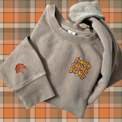 Embroidered Thanksgiving Gobble Crewneck Sweatshirt: Pigment Dyed Turkey Day Pullover