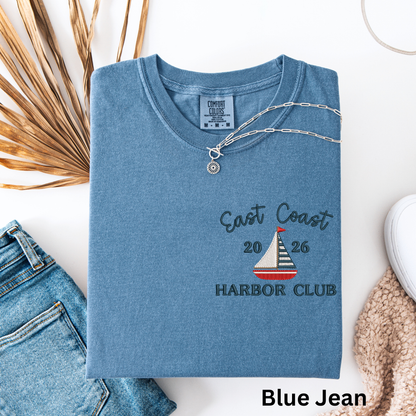 Embroidered East Coast Harbor Club Pigment Dyed T-Shirt: Coastal Preppy Summer Tee