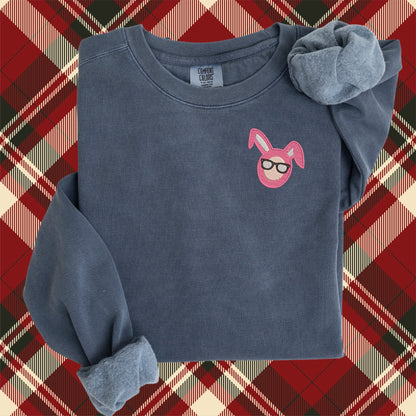 Embroidered Ralphie in Pink Bunny Costume: Holiday Classic Movie Sweater, A Christmas Story