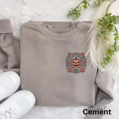 Embroidered Classic Jack O' Lantern Face Spooky Scrollwork Sweatshirt: Pigment Dyed Gothic Halloween Pumpkin Motif Pullover