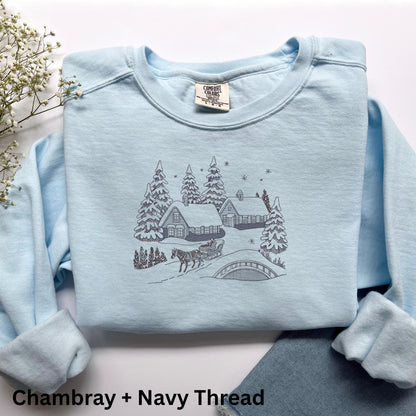 Embroidered Winter Scene Crewneck Sweatshirt: Stitched Christmas Village Pigment-Dyed Pullover