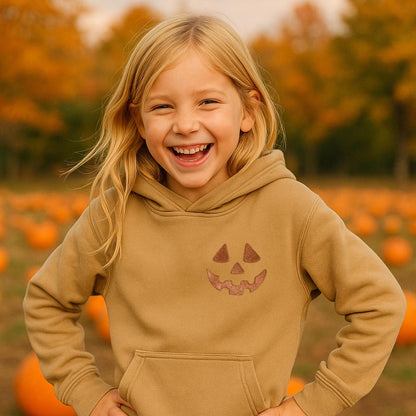 Youth Unisex Embroidered Pumpkin Face Hoodie: Pigment Dyed Halloween Pullover