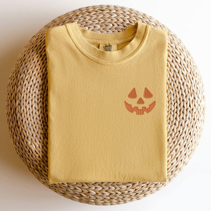 Embroidered Pumpkin Face T-Shirt: Pigment Dyed Halloween Tee