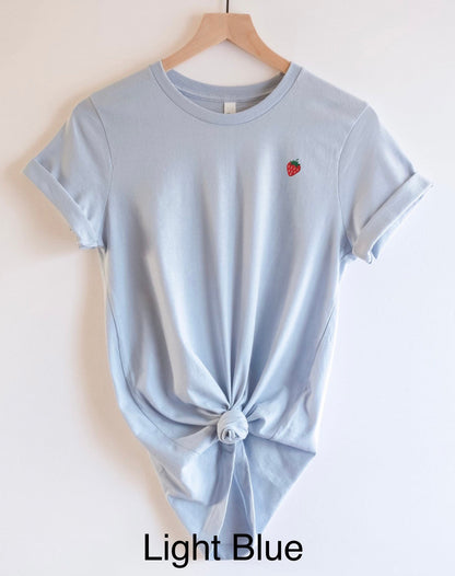 Embroidered strawberry tee, women’s mini strawberry tshirt, stitched fruit top