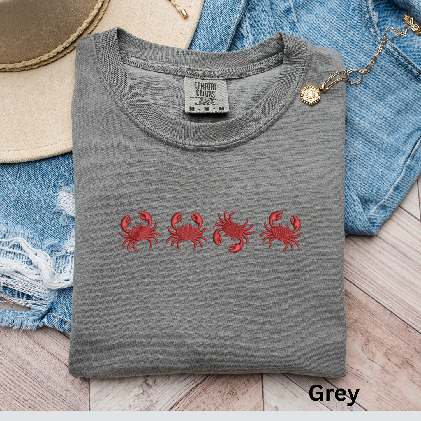 Embroidered Red Crab Pigment Dyed T-Shirt: Coastal Preppy Summer Tee