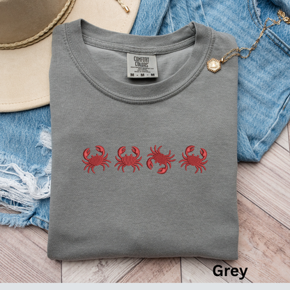 Embroidered Red Crab Pigment Dyed T-Shirt: Coastal Preppy Summer Tee