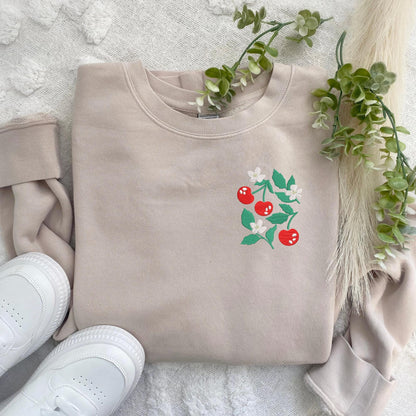 Embroidered Floral Cherry Sweatshirt: Pigment-Dyed Coquette Crewneck