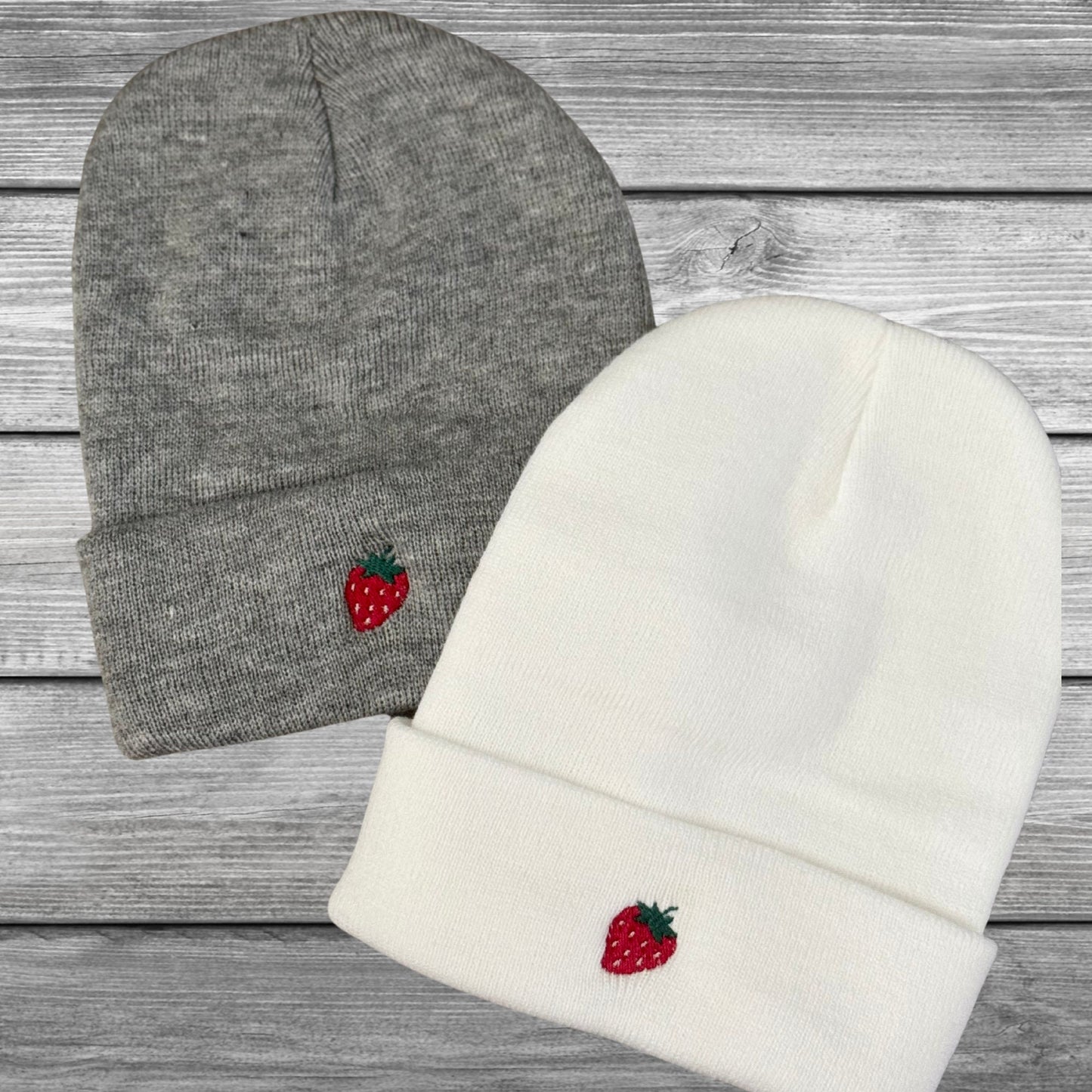 Embroidered Strawberry Beanie: Mini Fruit Skull Hat