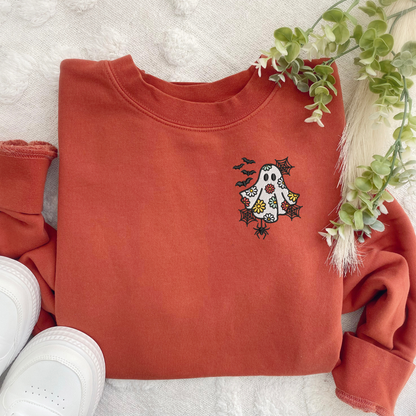 Embroidered Daisy Ghost Sweatshirt: Spooky Season Pullover