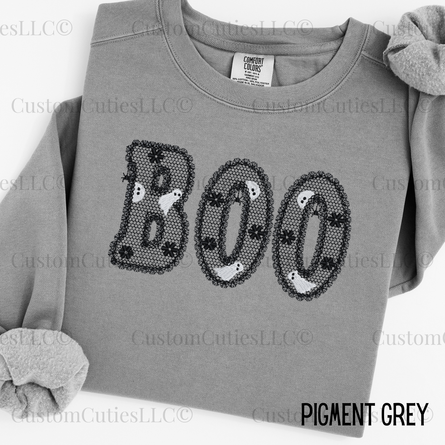 Embroidered Lacey Boo Crewneck Sweatshirt: Pigment Dyed Halloween Coquette Sweater