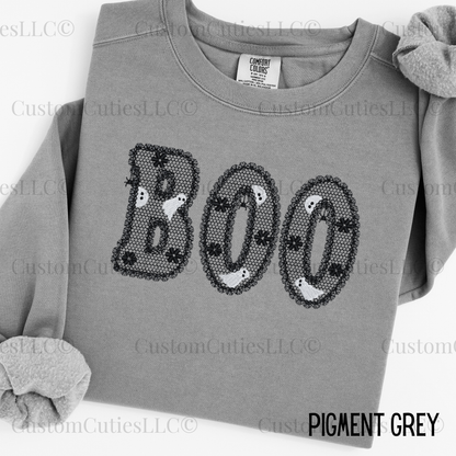 Embroidered Lacey Boo Crewneck Sweatshirt: Pigment Dyed Halloween Coquette Sweater