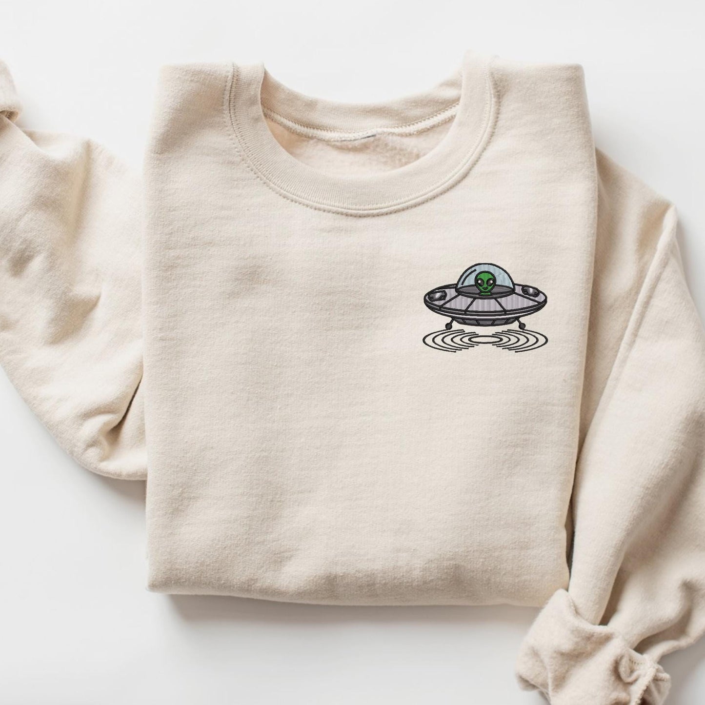 Embroidered Alien Sweatshirt: UFO Spaceship Crewneck Pullover