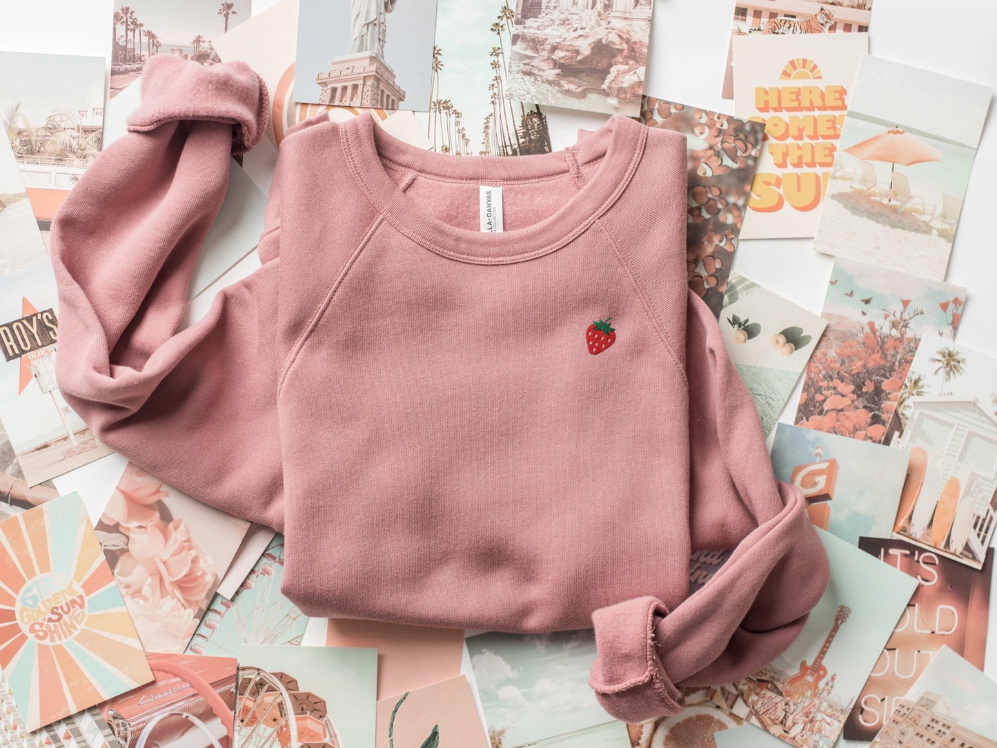 Embroidered Mini Strawberry Crewneck Sponge Fleece Sweatshirt: Minimalist Fruit Pullover