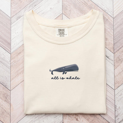 Embroidered Nautical Blue Whale T-Shirt: Pigment-Dyed Coastal Tee