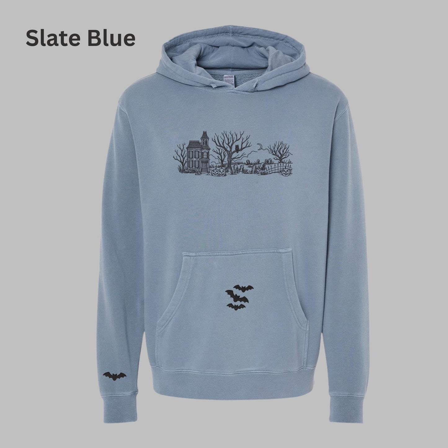 Embroidered Haunted House Hoodie with Bat Sleeve and Kangaroo Pocket: Pigment-Dyed Halloween Pullover