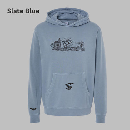 Embroidered Haunted House Hoodie with Bat Sleeve and Kangaroo Pocket: Pigment-Dyed Halloween Pullover
