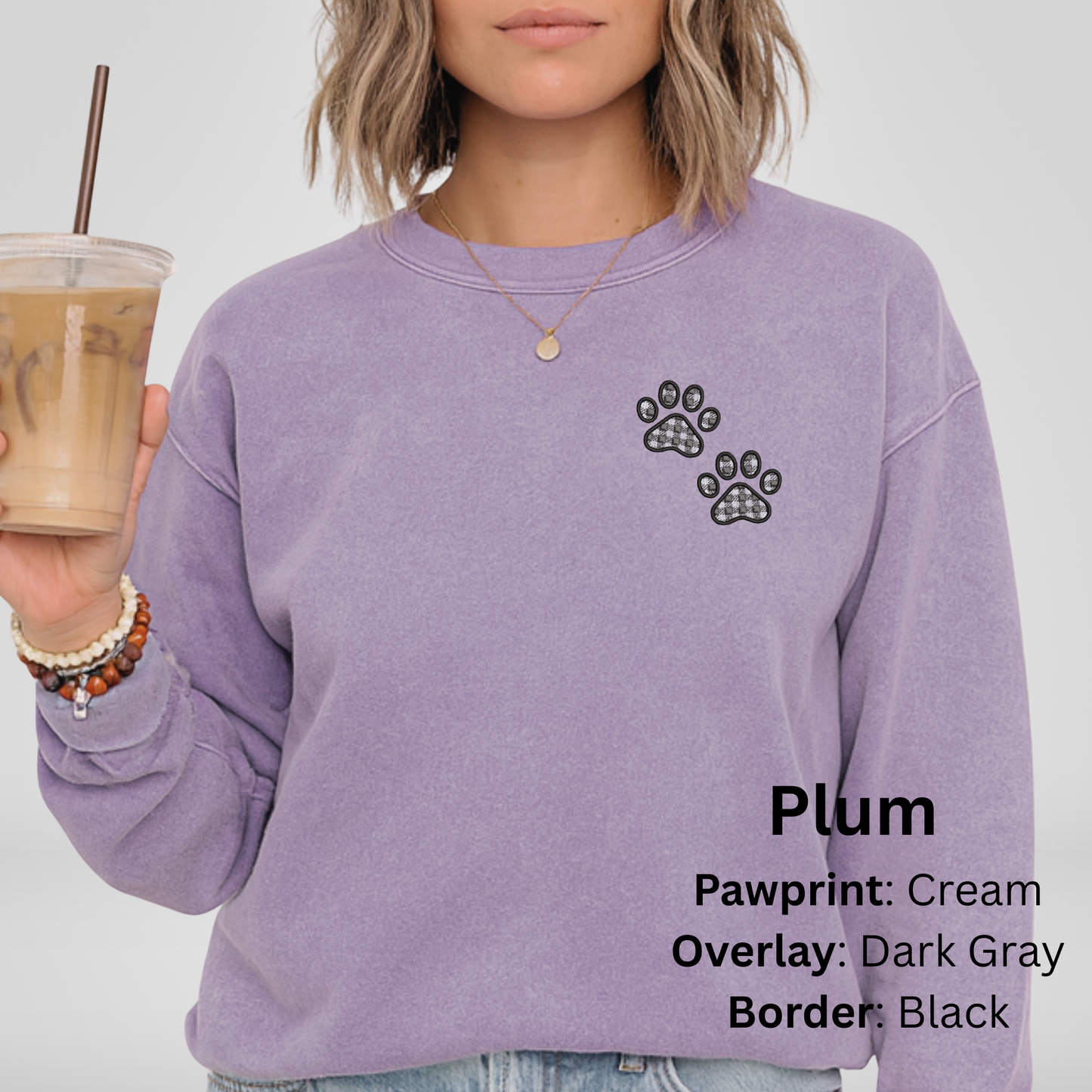 Embroidered Plaid Pawprint Pigment Dyed Sweatshirt: Choose Your Thread Colors, Dog/Cat Mom Pullover