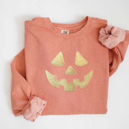 Embroidered Pumpkin Face Sweatshirt: Pastel Halloween Crewneck