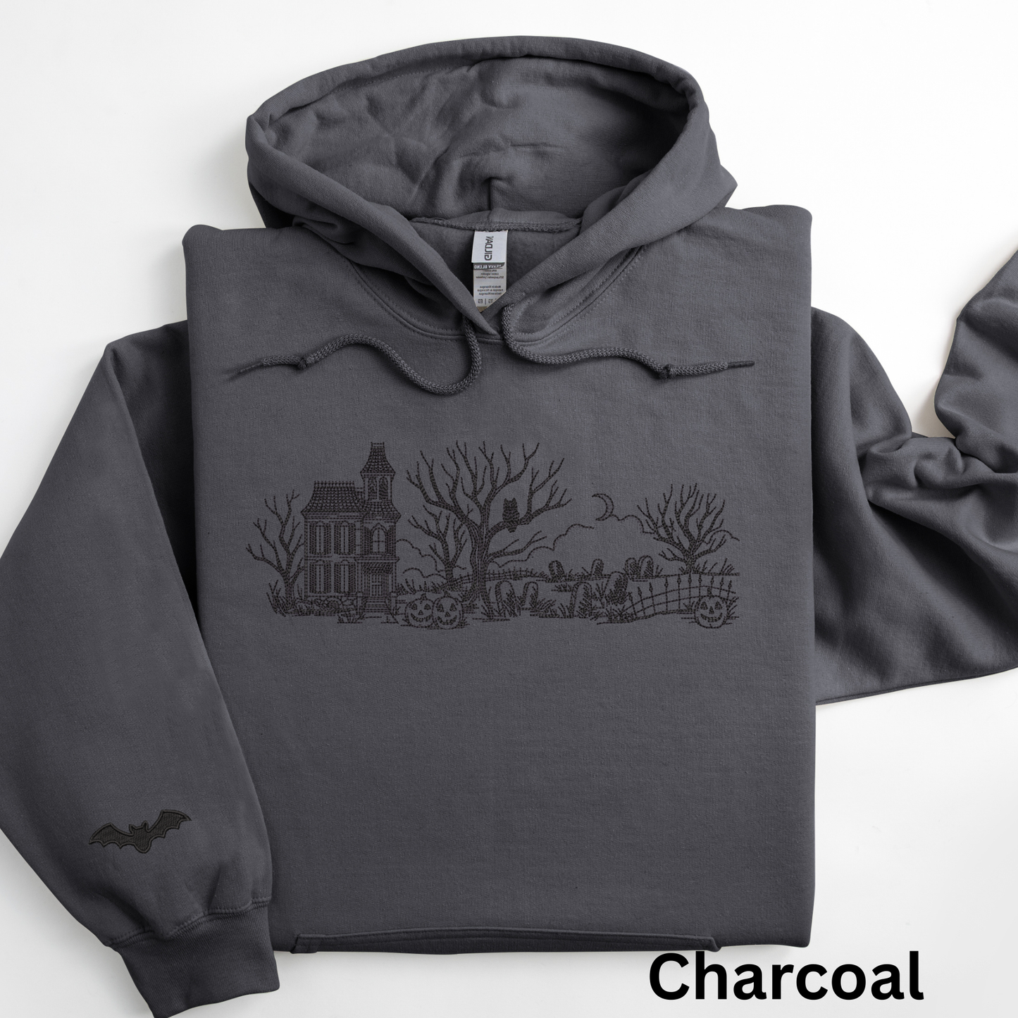 Embroidered Haunted House Hoodie with Bat Sleeve and Kangaroo Pocket: Gildan Hooded Sweatshirt