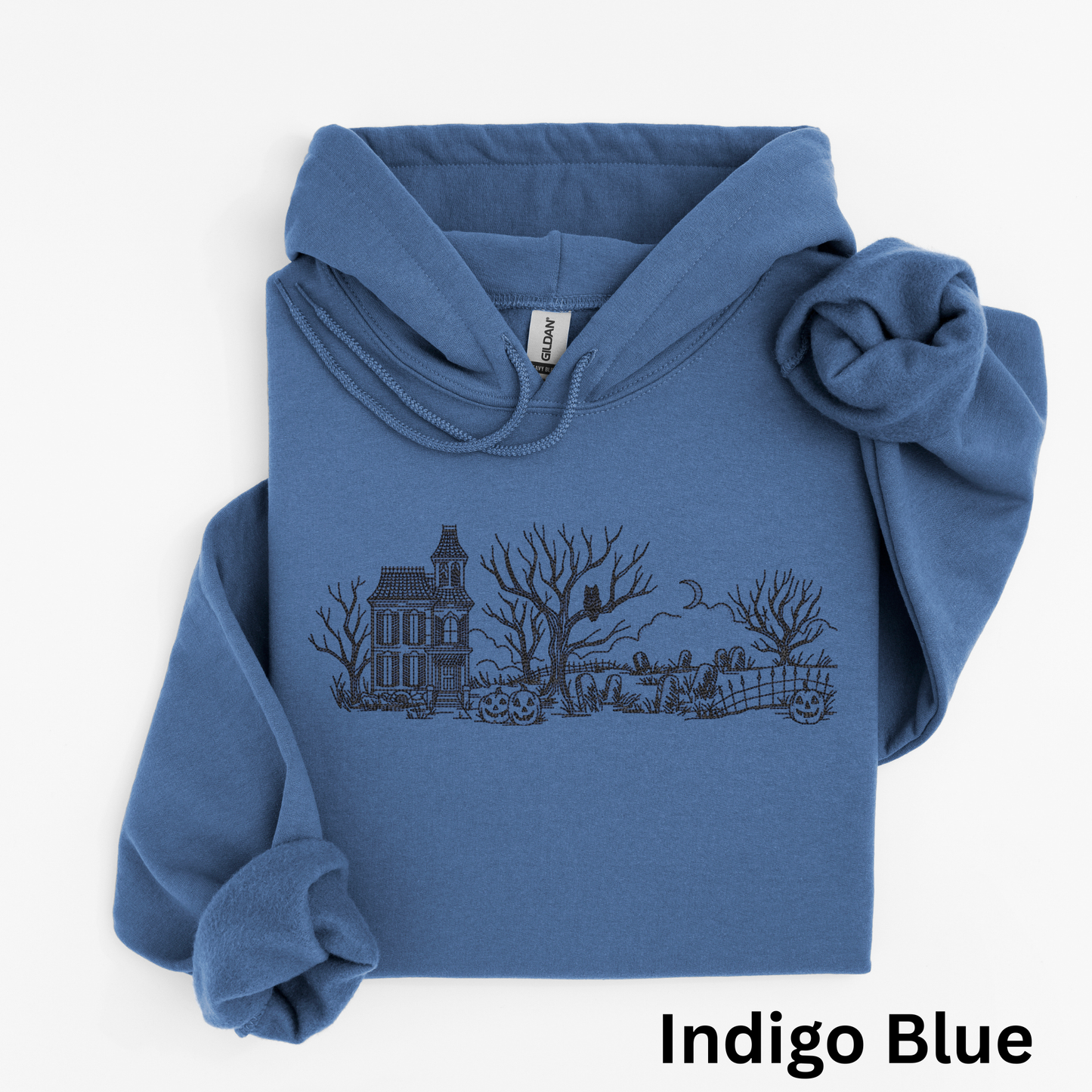 Embroidered Haunted House Hoodie with Bat Sleeve and Kangaroo Pocket: Gildan Hooded Sweatshirt