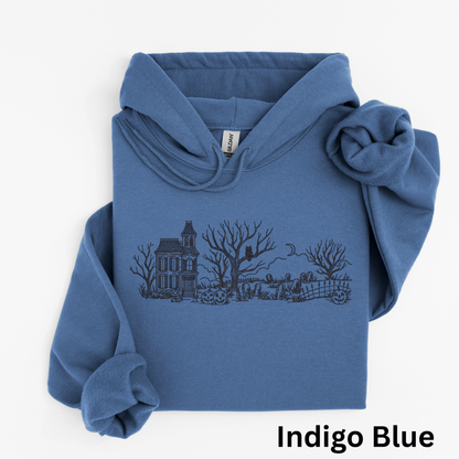 Embroidered Haunted House Hoodie with Bat Sleeve and Kangaroo Pocket: Gildan Hooded Sweatshirt