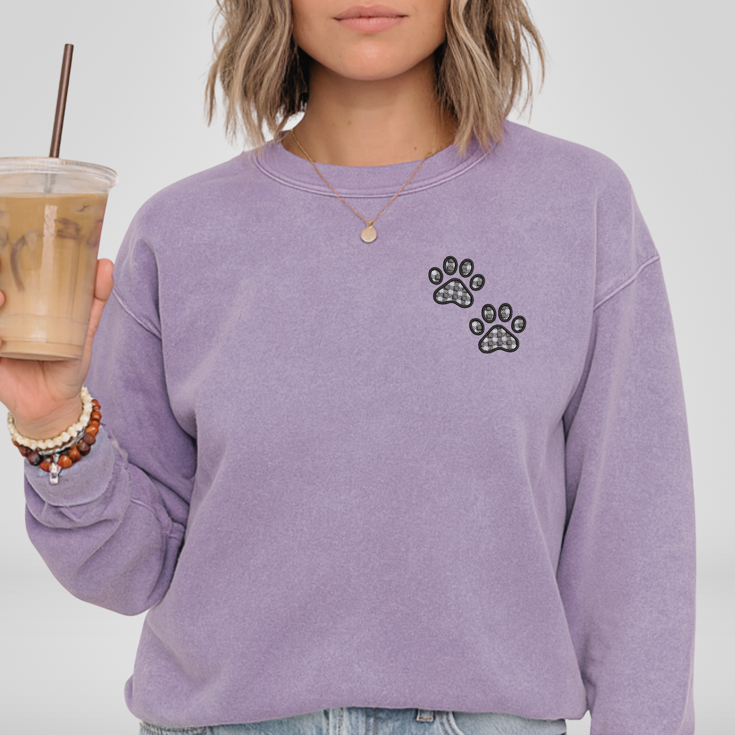 Embroidered Plaid Pawprint Pigment Dyed Sweatshirt: Choose Your Thread Colors, Dog/Cat Mom Pullover