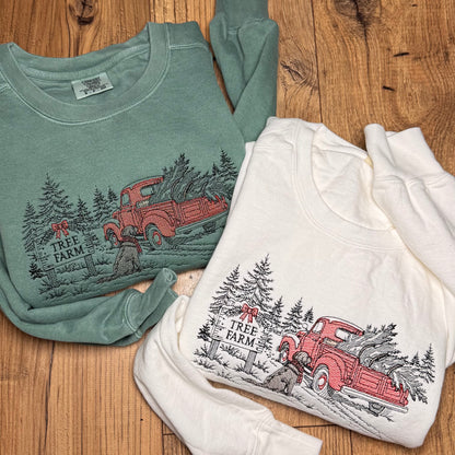 Embroidered Christmas Tree Farm Line Art Crewneck Sweatshirt: Pigment Dyed Comfort Colors