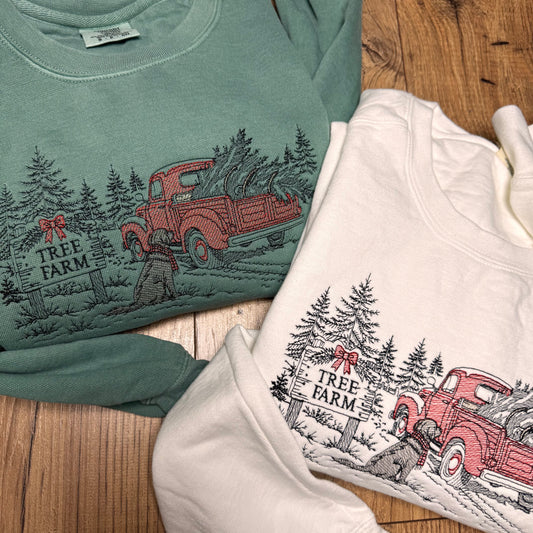 Embroidered Christmas Tree Farm Line Art Crewneck Sweatshirt: Pigment Dyed Comfort Colors