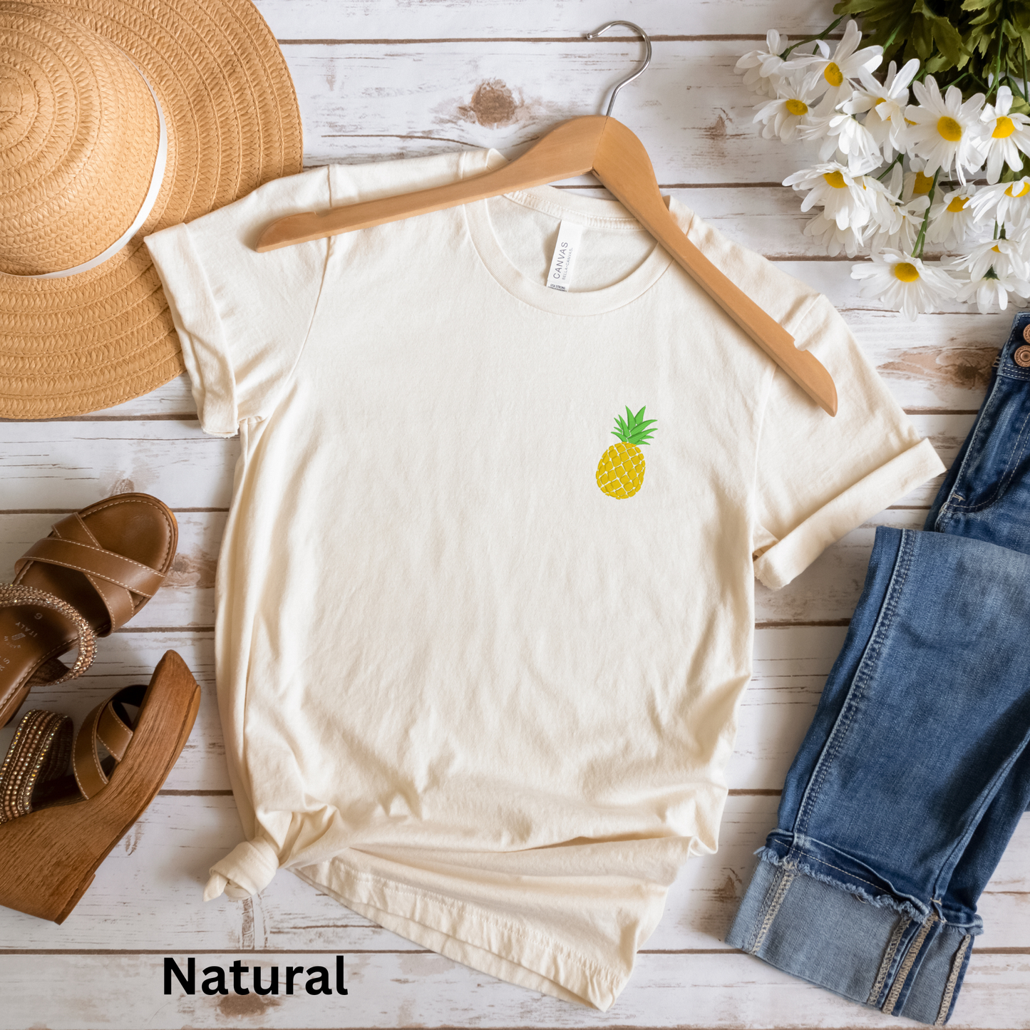 Women’s embroidered pineapple tshirt, white tropical tee, stitched pineapple shirt