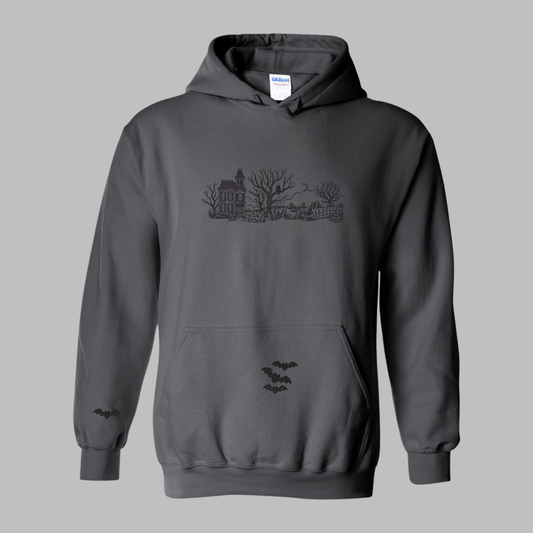 Embroidered Haunted House Hoodie with Bat Sleeve and Kangaroo Pocket: Gildan Hooded Sweatshirt
