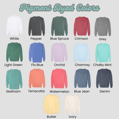 Embroidered Haunted Manor Halloween Crewneck Sweatshirt: Pigment Dyed Sketched Line Art Pullover