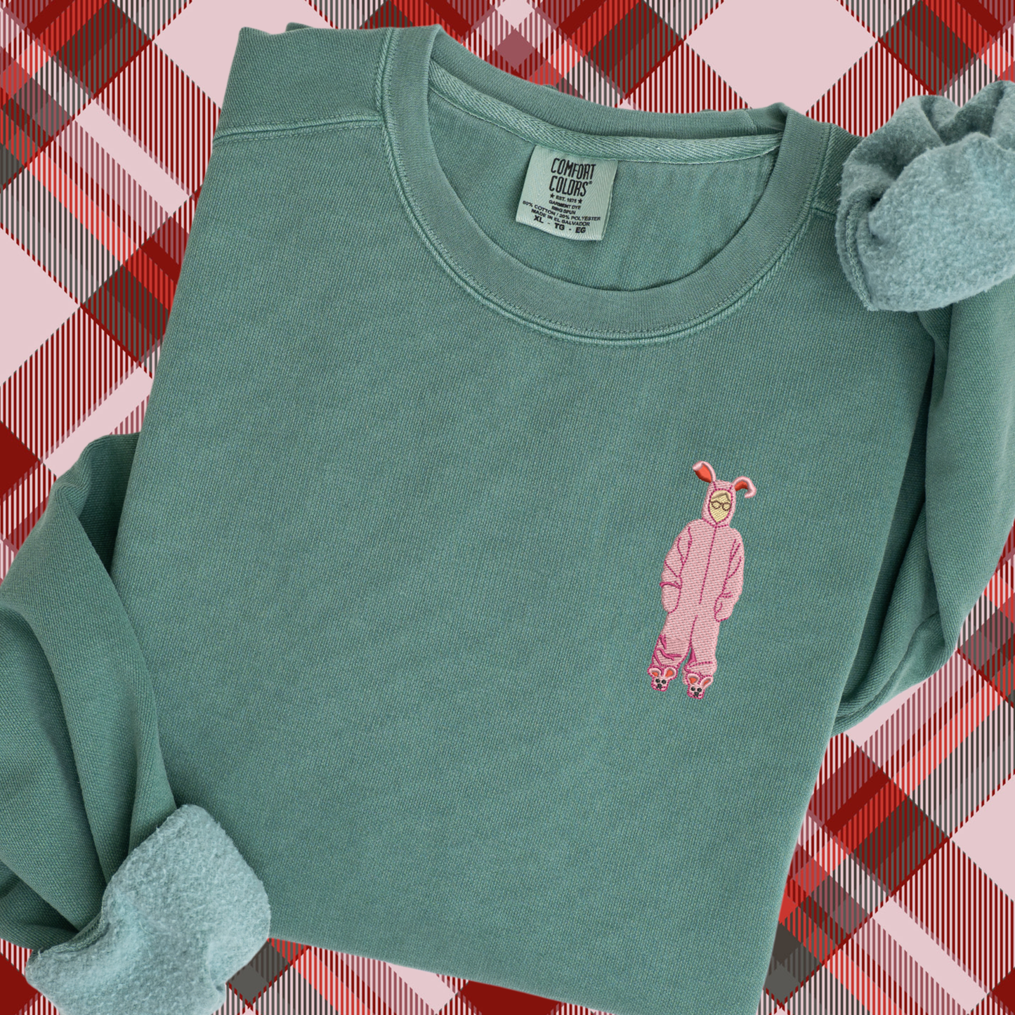 Embroidered Christmas Story Pigment Dyed Crewneck Sweatshirt: A Christmas Story Ralphie in Pink Bunny Costume