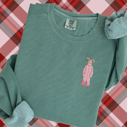 Embroidered Christmas Story Pigment Dyed Crewneck Sweatshirt: A Christmas Story Ralphie in Pink Bunny Costume