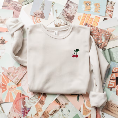 Embroidered Cherry Crewneck Sponge Fleece Sweatshirt, Women’s Mini Stitched Fruit Sweater, Cherry Lover