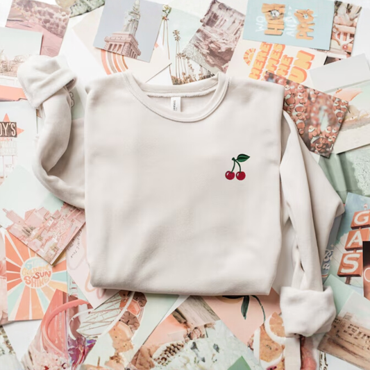 Embroidered Cherry Crewneck Sponge Fleece Sweatshirt, Women’s Mini Stitched Fruit Sweater, Cherry Lover