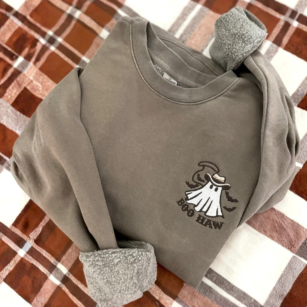 Embroidered Ghost Sweatshirt: Western Boo Haw Crewneck - Halloween Apparel