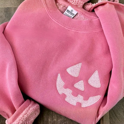 Embroidered Halloween Pumpkin Face Sweatshirt: Pigment Dyed Spooky Season Pullover