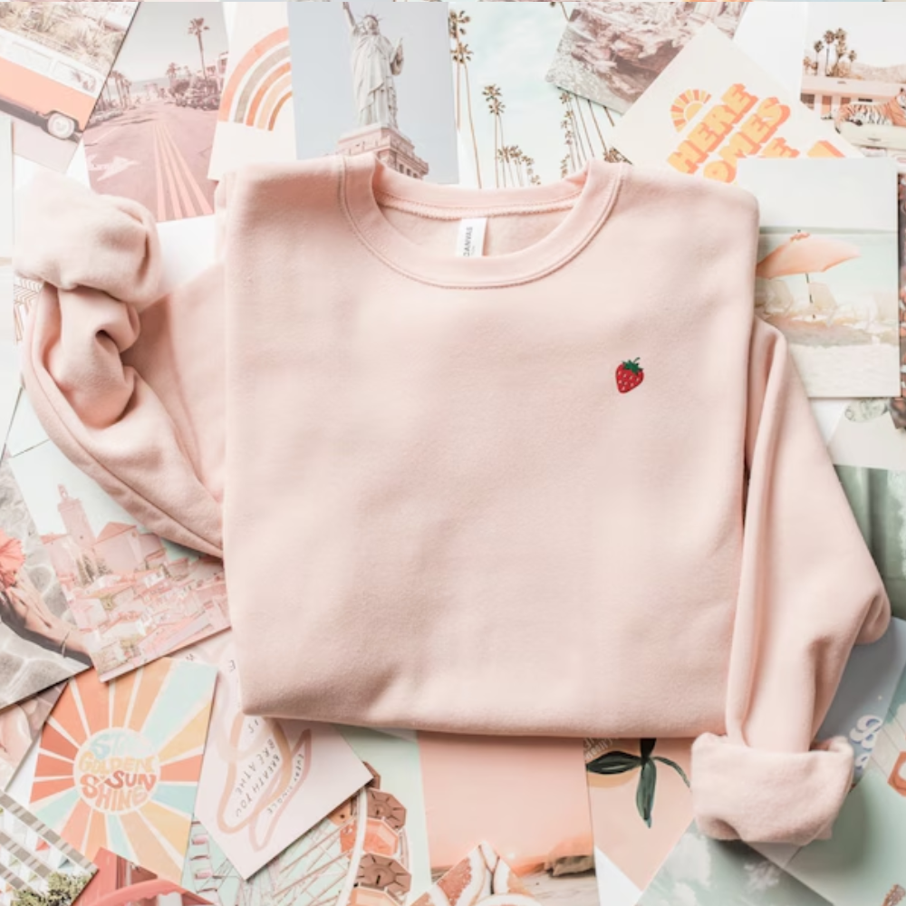 Embroidered Mini Strawberry Crewneck Sponge Fleece Sweatshirt: Minimalist Fruit Pullover