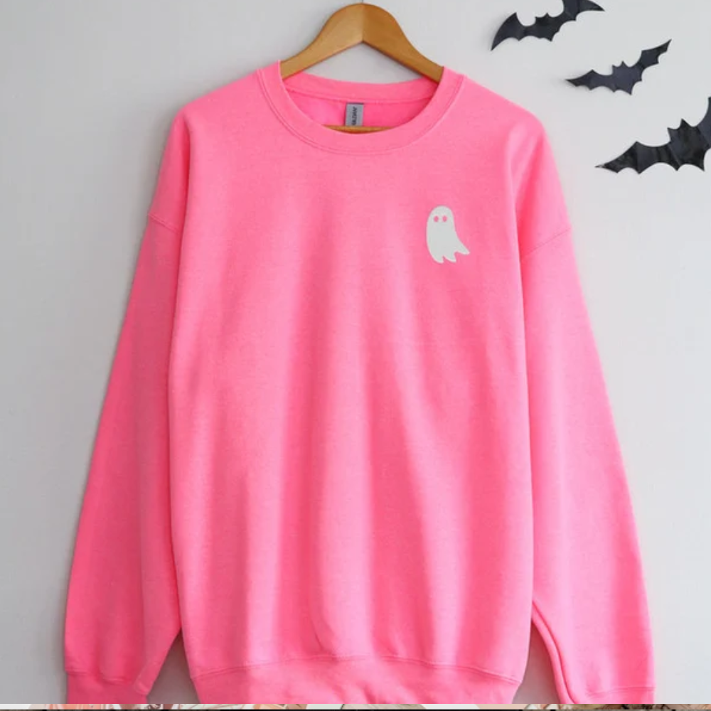 Viral Pink Ghost Embroidered Sweatshirt, Trendy Pink and White Ghost Blanket Crewneck Sweater, Halloween Ghost Pullover, Spooky Season