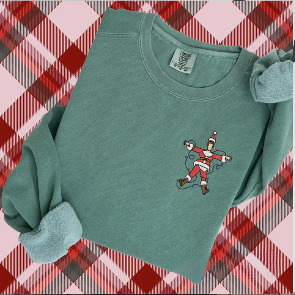 Funny Embroidered Santa Sweatshirt: Electrocuted Clark Classic Christmas Movies Pullover