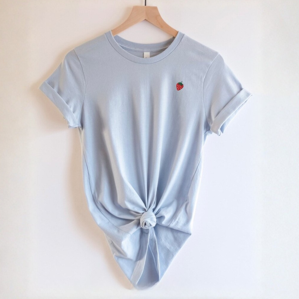 Embroidered strawberry tee, women’s mini strawberry tshirt, stitched fruit top