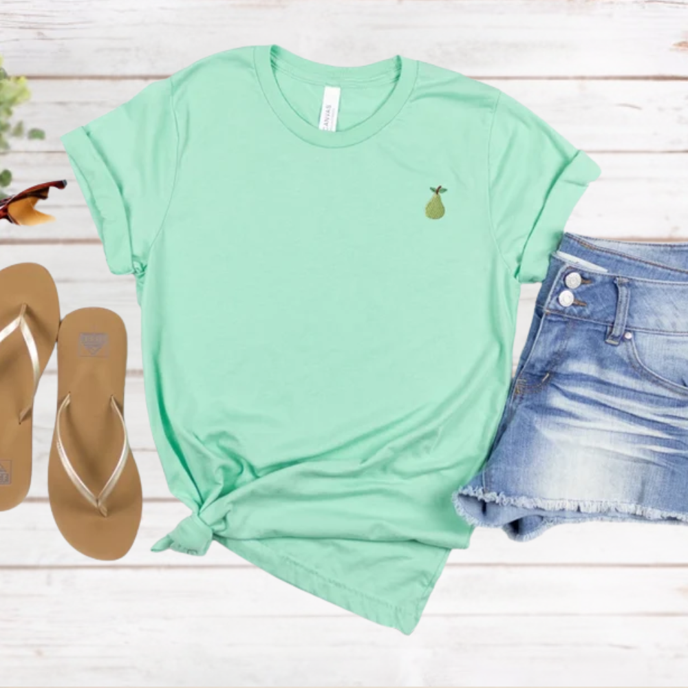 Embroidered Unisex Pear T-Shirt: Stitched Minimalist Mini Fruit Tee