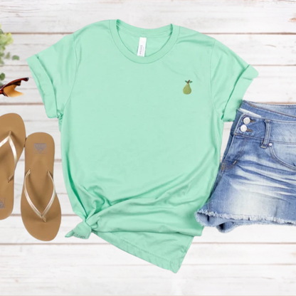 Embroidered Unisex Pear T-Shirt: Stitched Minimalist Mini Fruit Tee