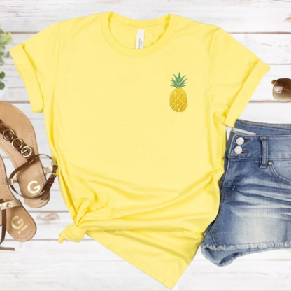Women’s embroidered pineapple tshirt, white tropical tee, stitched pineapple shirt