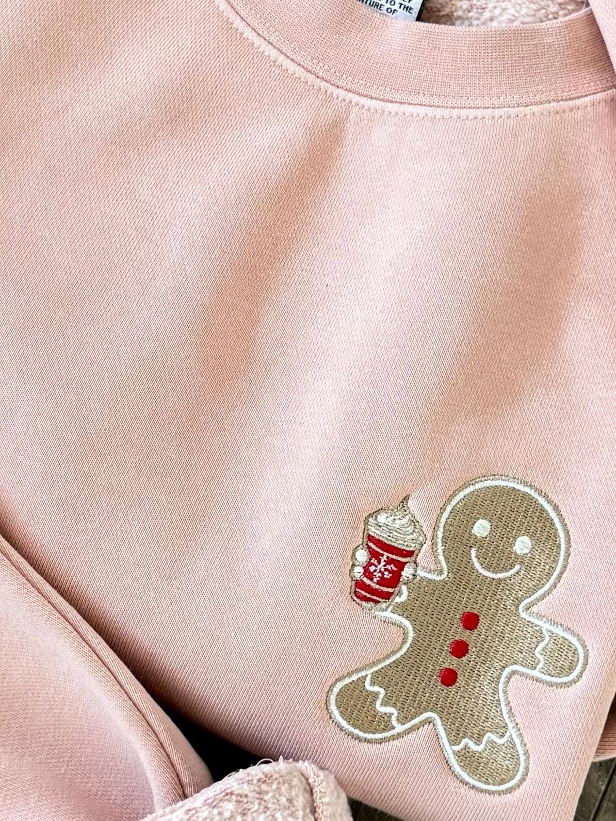 Embroidered Coffee Drinking Gingerbread Cookie Sweatshirt: High Quality Pigment Dyed Christmas Pullover
