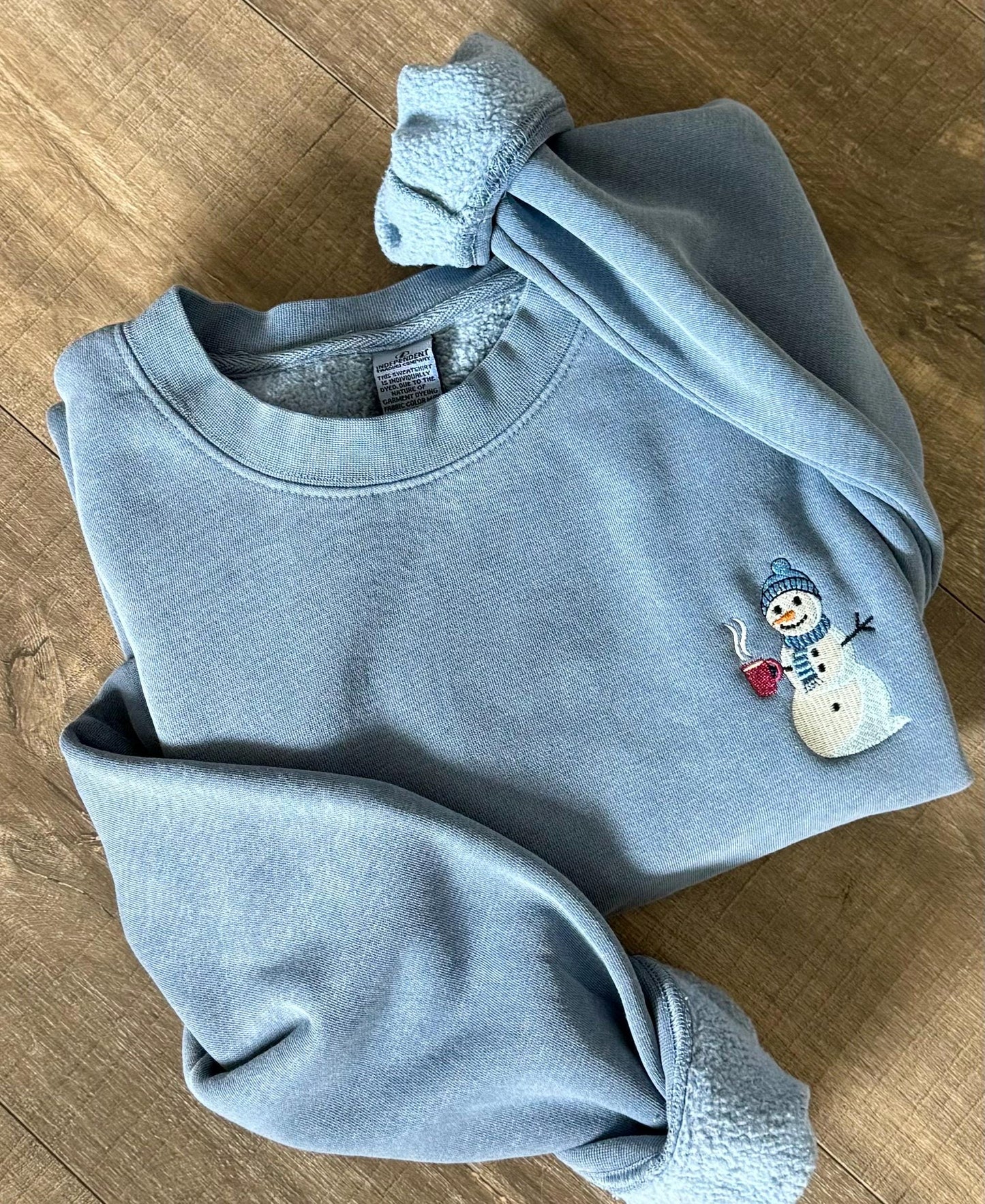 Embroidered Coffee Drinking Snowman Crewneck Sweatshirt: Trendy High Quality Pigment Dyed Pullover